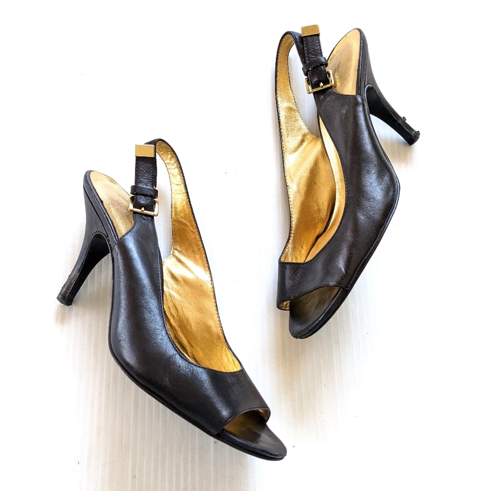 BANANA REPUBLIC women's black leather peep toe slingback heeled pumps